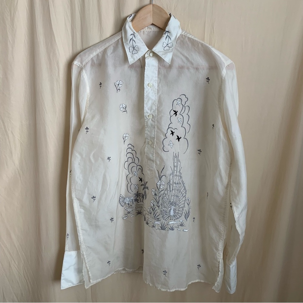 Vintage 50s Filipino peacock bird floral embroidered silk shirt